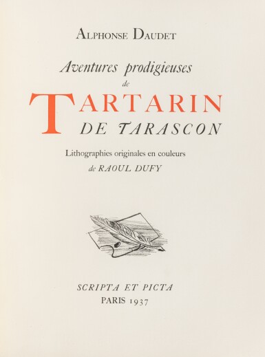 View full screen - View 1 of Lot 58. Aventures prodigieuses de Tartarin de Tarascon. 1937. Spectaculaire reliure irradiante de Mercher. Exemplaire sur papier blanc de Rives du plus grand livre illustré de Dufy..