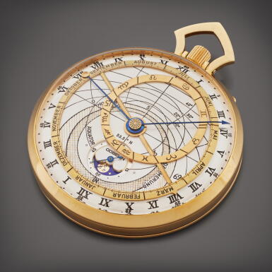 View full screen - View 1 of Lot 145. Astrolabium | A yellow gold Astronomical calendar watch with day/night indication, moon phases, and Zodiac signs, Circa 1983.
