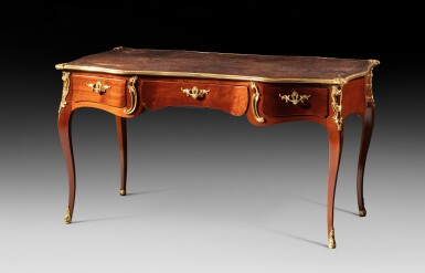 View full screen - View 1 of Lot 79. A mahogany bureau plat, Louis XV, circa 1750, stamped by Jacques Dubois | Bureau plat en acajou, monture de bronze redoré d'époque Louis XV, vers 1750, estampille de Jacques Dubois.