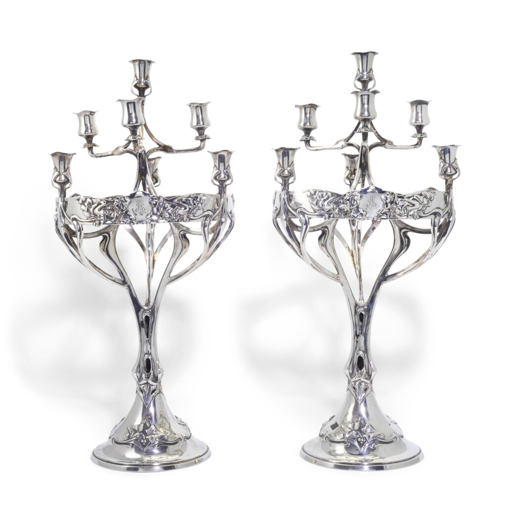 View full screen - View 1 of Lot 36. A Pair of continental silver 8-light Art Nouveau candelabra, marked 900M, circa 1900.
