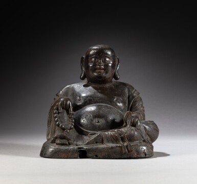 View full screen - View 1 of Lot 57. A bronze seated figure of Budai, Qing dynasty, 17th / 18th century | 清十七至十八世紀 銅布袋和尚坐像.