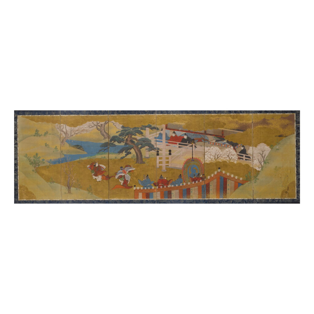 View full screen - View 1 of Lot 1068. A SIX-FOLD 'GAGAKU' (COURT DANCE) SCREEN DEPICTING 'KOCHO NO MAI' (BUTTERFLY DANCE), JAPAN, EDO PERIOD, 19TH CENTURY.