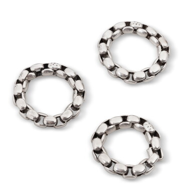 View full screen - View 1 of Lot 617. Frances Patiky Stein's Collection: Lot of Three Chanel Silver Bracelets, 2002.