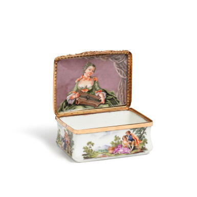 View full screen - View 1 of Lot 683. A German porcelain rectangular snuff box, circa 1755, probably Meissen, with gold mounts.