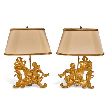 View full screen - View 1 of Lot 148. A pair of Louis XV style gilt-bronze chenets, now mounted as lamps.