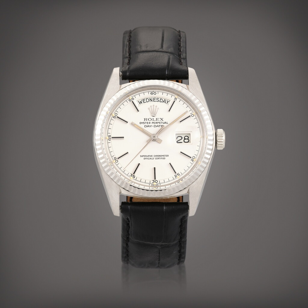 View full screen - View 1 of Lot 957. Day-Date, Reference 1803 | A white gold wristwatch with day and date, Circa 1973 | 勞力士 | Day-Date 型號1803 | 白金腕錶,備日期及星期顯示,約1973年製.