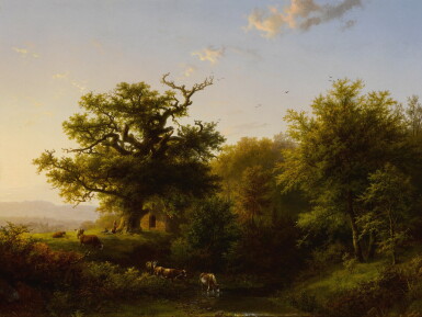 View full screen - View 1 of Lot 220. A Wooded Landscape with Grazing Cattle Near a Stream.