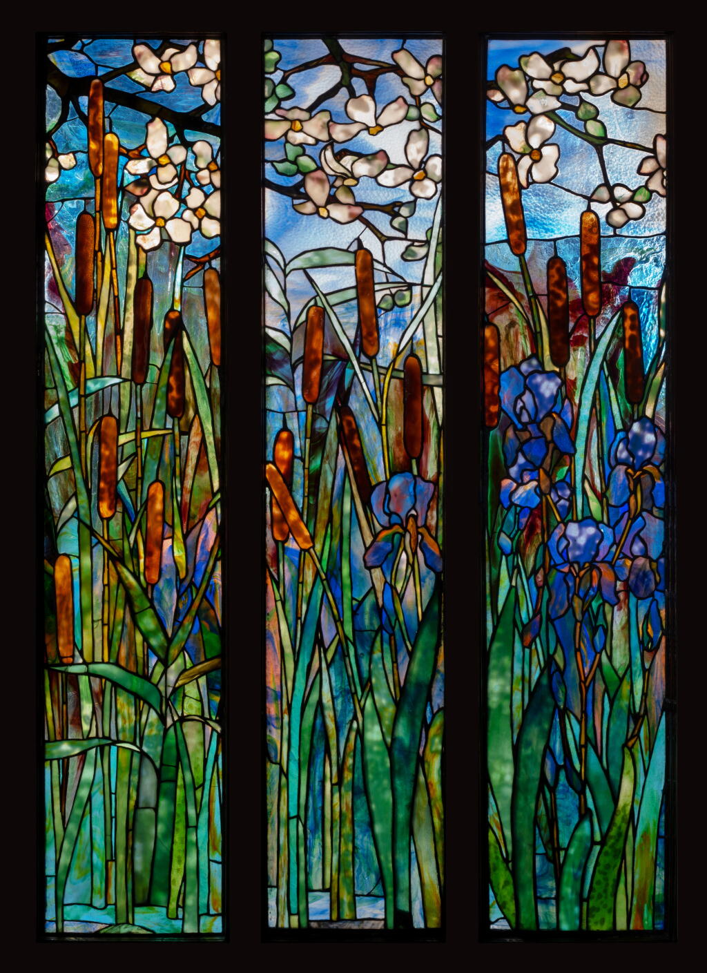 View full screen - View 1 of Lot 208. Iris, Cattail and Dogwood Triptych Window.