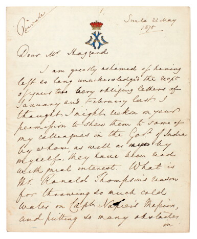 View full screen - View 1 of Lot 14. Edward Bulwer-Lytton | Two autograph letters signed, to W.H. Haggard, on the invasion of Afghanistan, 1878.