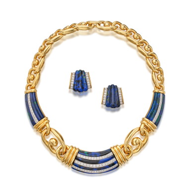 View full screen - View 1 of Lot 438. Gold, Azurmalachite and Diamond Necklace and Pair of Earclips | David Webb | 黃金配天青孔雀石及鑽石項鏈及耳環一對.