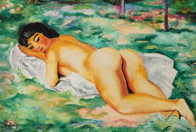View full screen - View 1 of Lot 34. MOÏSE KISLING | NU ALLONGÉ DANS L'HERBE.