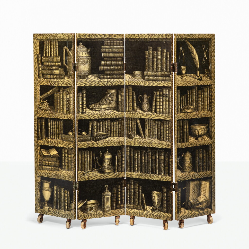 View full screen - View 1 of Lot 122. PIERO FORNASETTI | "LIBRI" AND "STRUMENTI MUSICALI" FOLDING SCREEN.