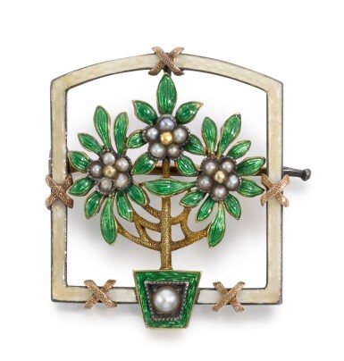 View full screen - View 1 of Lot 5. A Fabergé gem-set gold and guilloché enamel 'Bay Tree' brooch, probably August Holmström, St Petersburg, circa 1900.