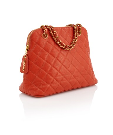 View full screen - View 1 of Lot 143. CHANEL | ORANGE LEATHER WITH GOLD-TONE METAL SHOPPER .