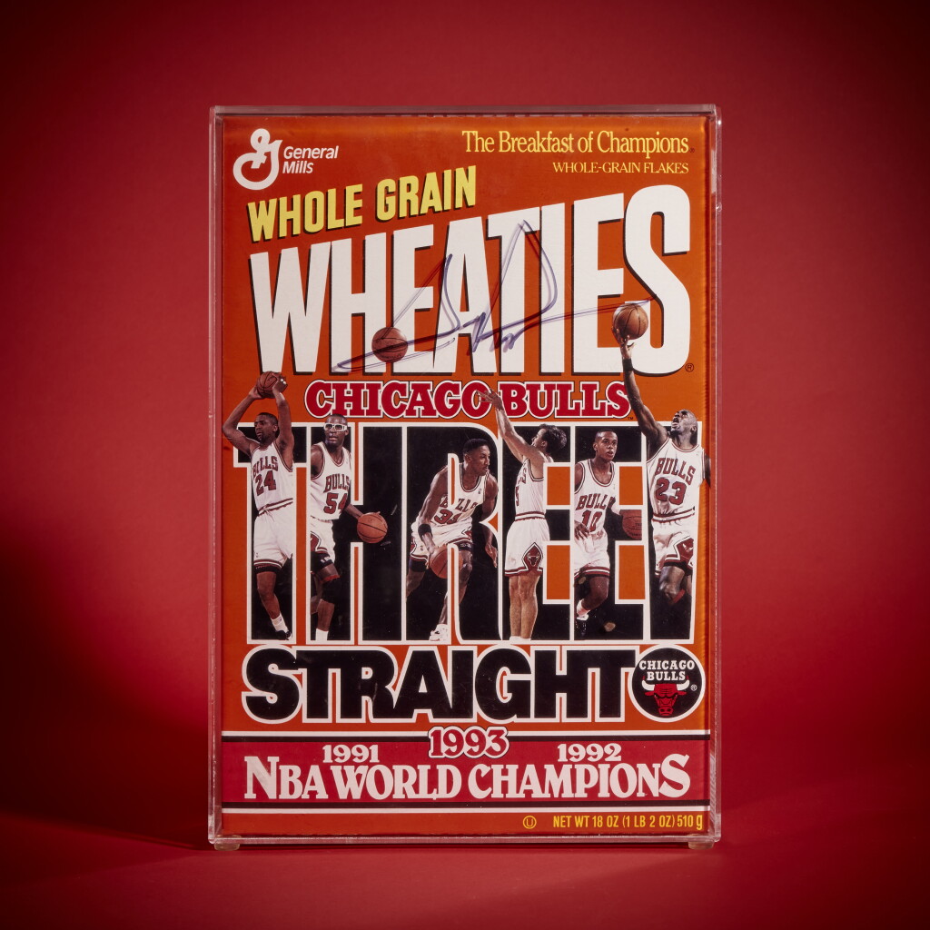 View full screen - View 1 of Lot 27. 1993 Chicago Bulls NBA World Champions Wheaties Box | Signed by Scottie Pippen.