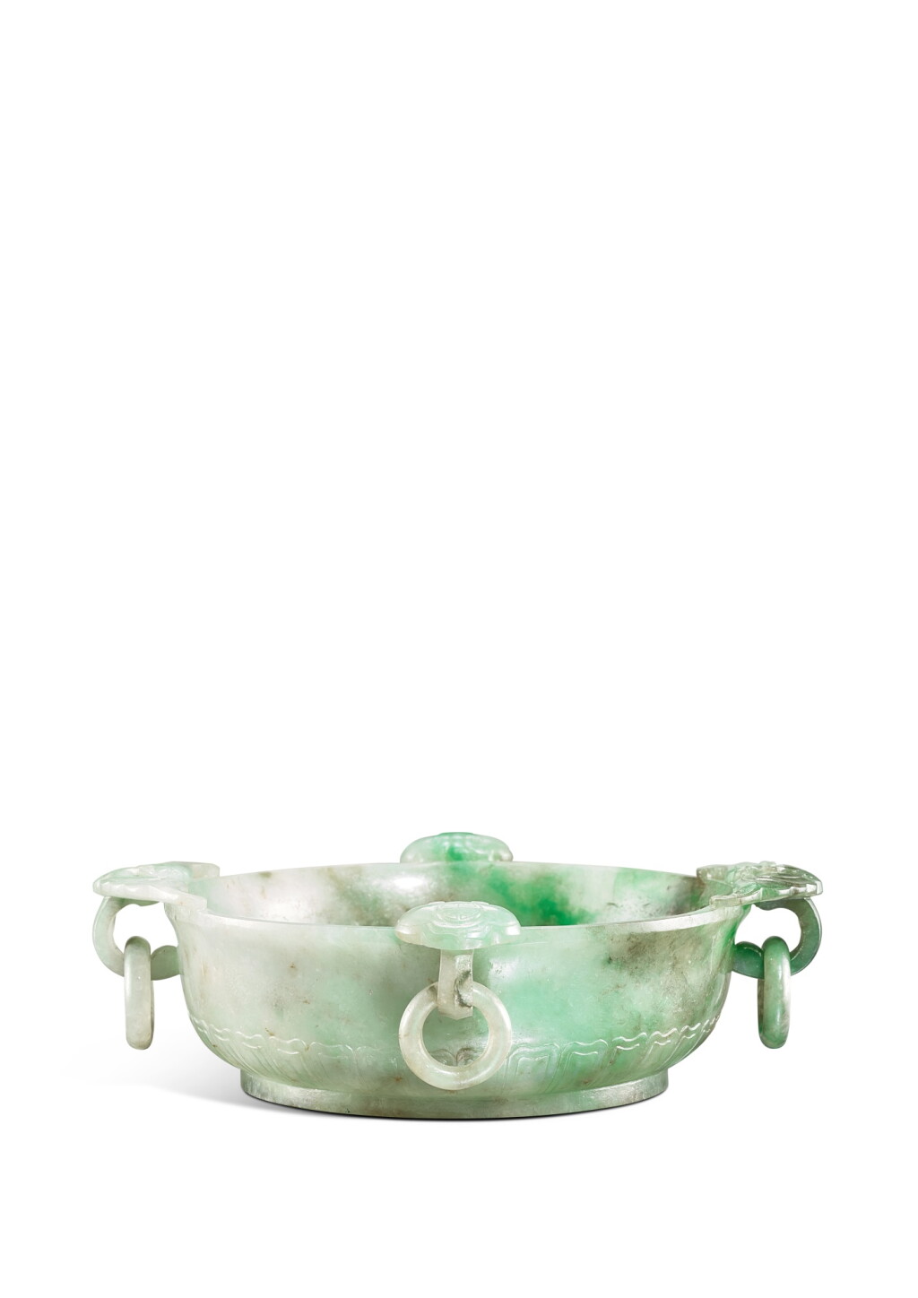 View full screen - View 1 of Lot 3675. A finely carved jadeite marriage bowl, Qing dynasty, 18th - 19th century | 清十八至十九世紀 翠玉福壽如意活環耳洗.