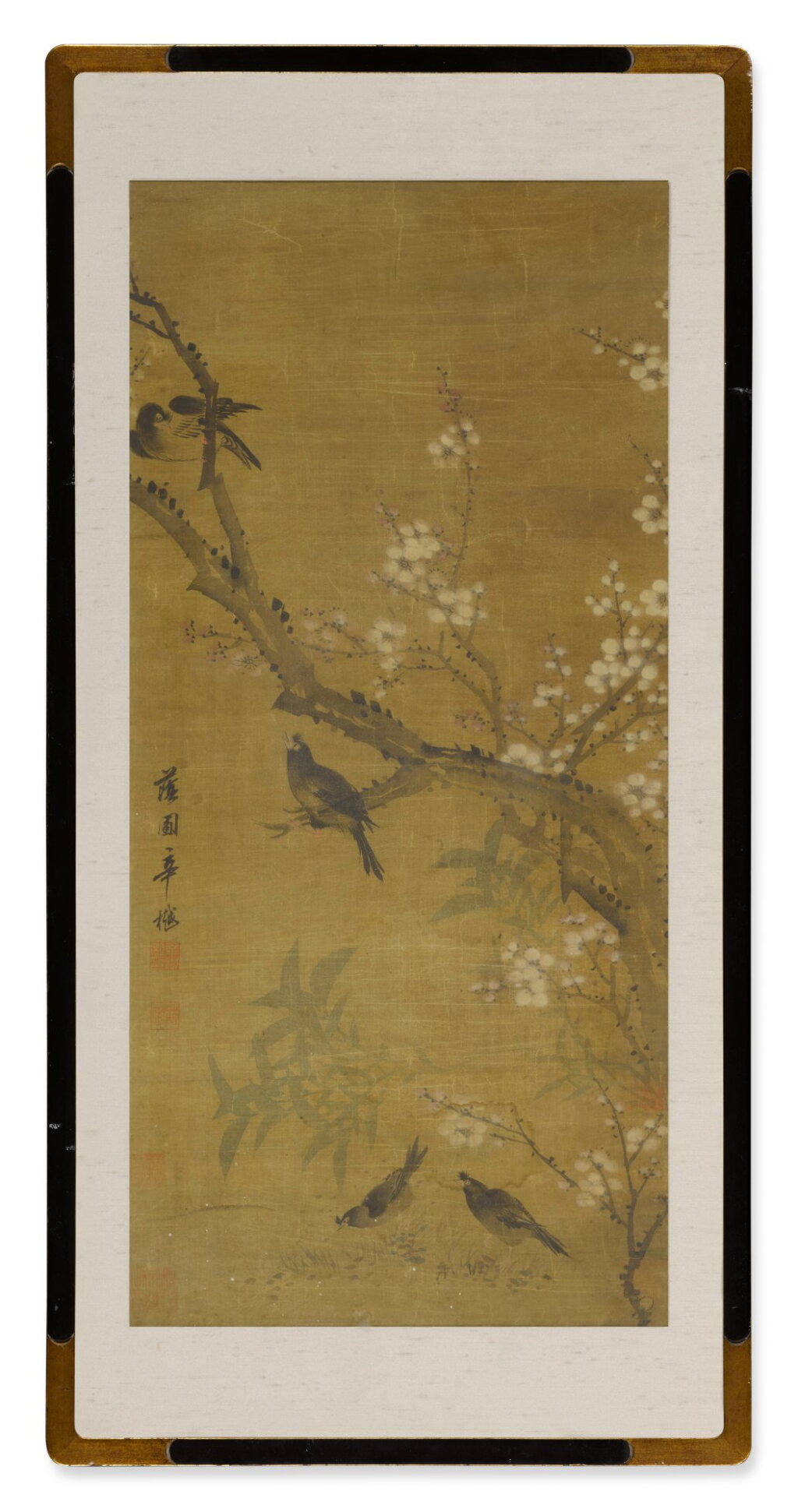 View full screen - View 1 of Lot 806. Xin Yue (Qing dynasty), Flower and Bird, ink and color on silk, framed | 辛樾 (清) 梅花八哥 設色絹本 鏡框.