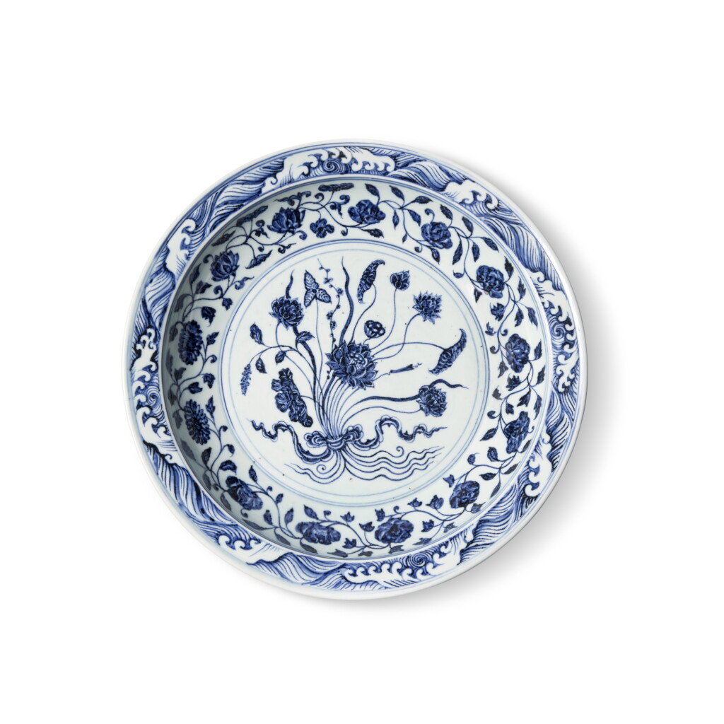 View full screen - View 1 of Lot 72. A fine blue and white 'lotus bouquet' dish, Ming dynasty, Yongle period.
