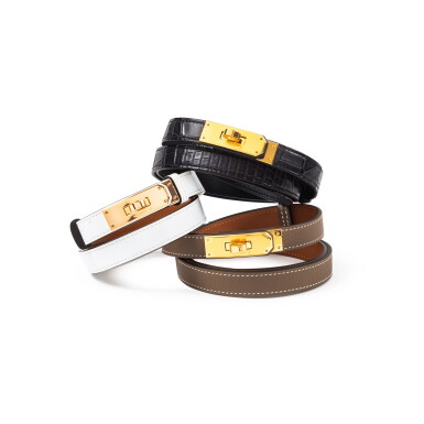 View full screen - View 1 of Lot 425. Set of Three: Black Matte Mississippiensis Alligator Kelly Belt Gold Hardware, 2024; Etoupe Epsom Kelly Belt Gold Hardware, 2024 and White Epsom Kelly Belt Rose Gold Hardware, 2024.