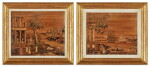 A Pair of Straw Marquetry Panels depicting an Italianate Harbour and River Scene, Early 19th Century