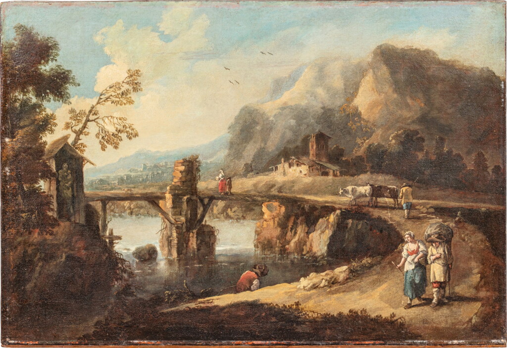 View full screen - View 1 of Lot 653. Italianate landscape with a bridge.