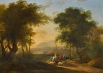 An Italianate landscape with shepherds on a path in the foreground