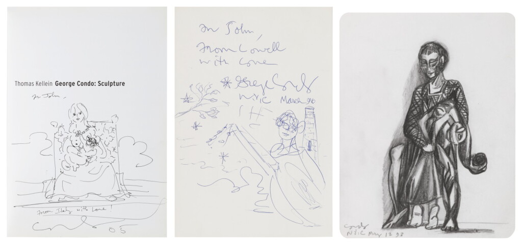 View full screen - View 1 of Lot 256. GEORGE CONDO | I. UNTITLED (PACEWILDENSTEIN GEORGE CONDO: PAINTINGS AND DRAWINGS CATALOGUE WITH DRAWING) II. UNTITLED III. UNTITLED (THOMAS KELLIN BOOK DRAWING).