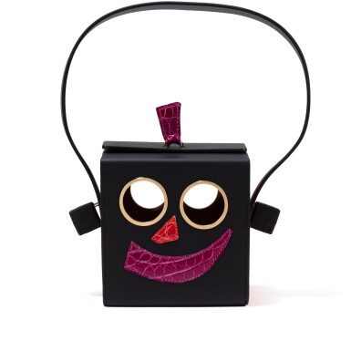 View full screen - View 1 of Lot 674. Black Chèvre Milo, Niloticus Crocodile Améthyste and Rouge Braise Robot Clutch Petit H Gold Hardware, 2023.