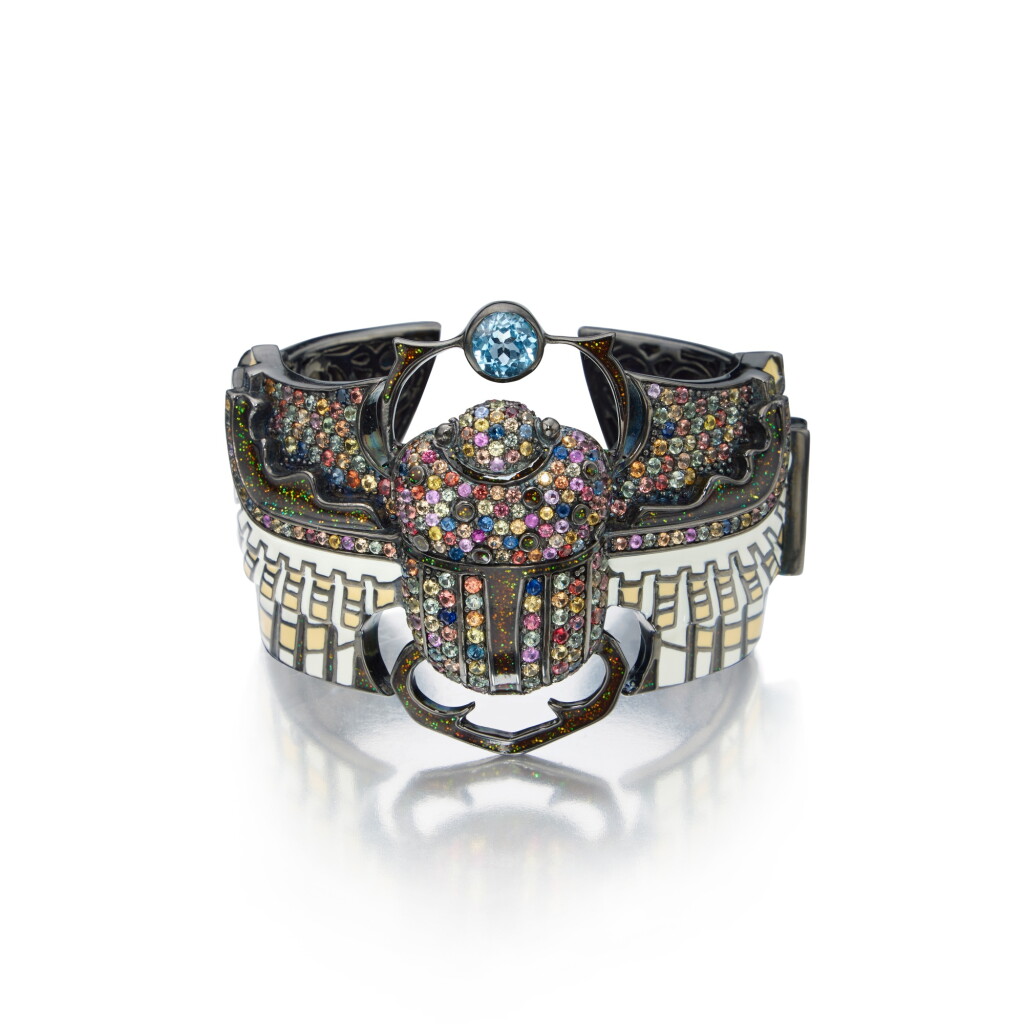 View full screen - View 1 of Lot 318. Silver, Lacquer and Gem-Set Cuff-Bracelet.