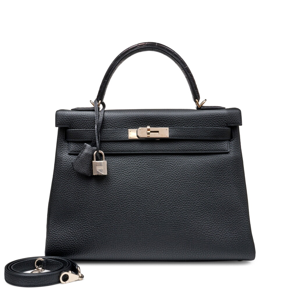 View full screen - View 1 of Lot 1392. Limited Edition Black Togo and Alligator Touch Kelly 32 Retourne Palladium Hardware, 2020.