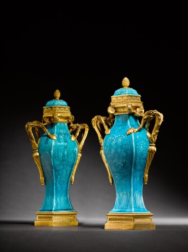 View full screen - View 1 of Lot 23. A pair of Louis XV gilt-bronze mounted Chinese turquoise-glaze pot-pourri vases and covers, the porcelain Kangxi (1662-1722).