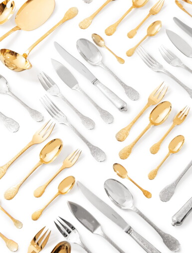 View full screen - View 1 of Lot 877. A French 361-piece silver and silver-gilt flatware partial set, Soubise pattern, Puiforcat, Paris, modern.