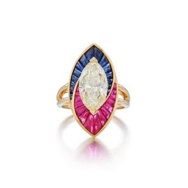 View full screen - View 1 of Lot 273. Fancy Light Yellow Diamond, Sapphire and Ruby Ring.