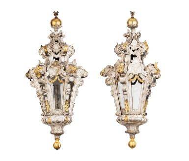 View full screen - View 1 of Lot 114. A pair of large silvered copper and gilt bronze lanterns, probably Naples 18th century | Paire de grandes lanternes en cuivre argenté et bronze doré, probablement Naples XVIIIe siècle.