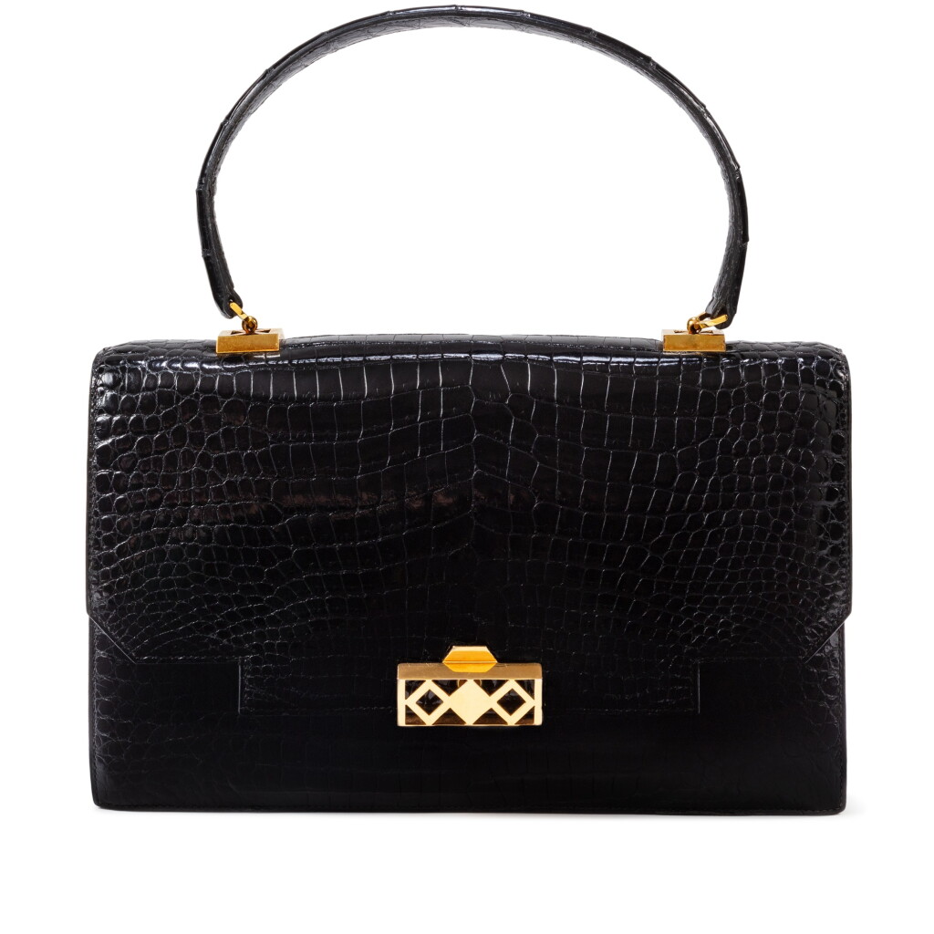 View full screen - View 1 of Lot 622. Vintage Black Shiny Niloticus Crocodile Losange Bag Gold Hardware, Circa 1960..