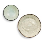 A moulded Qingbai 'twin fish' dish and a small Qingbai 'floral' bowl Southern Song - Yuan dynasty | 南宋至元 青白釉印雙魚紋盤及花卉紋小盌一組兩件