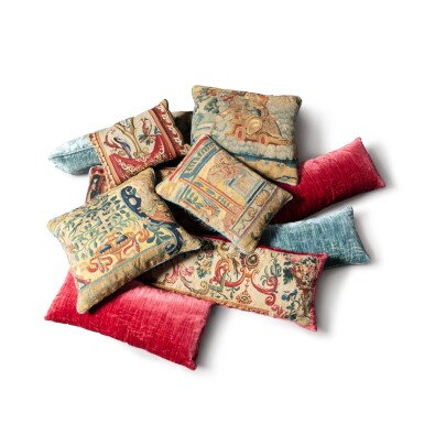 View full screen - View 1 of Lot 1010. A set of eleven tapestry and velvet cushions, probably Flanders 17th century and manufactory of Beauvais 17h-18th centuries | Ensemble de onze coussins en tapisserie et velours, probablement Flandres XVIIe siècle et Beauvais XVIIe-XVIIIe siècles.