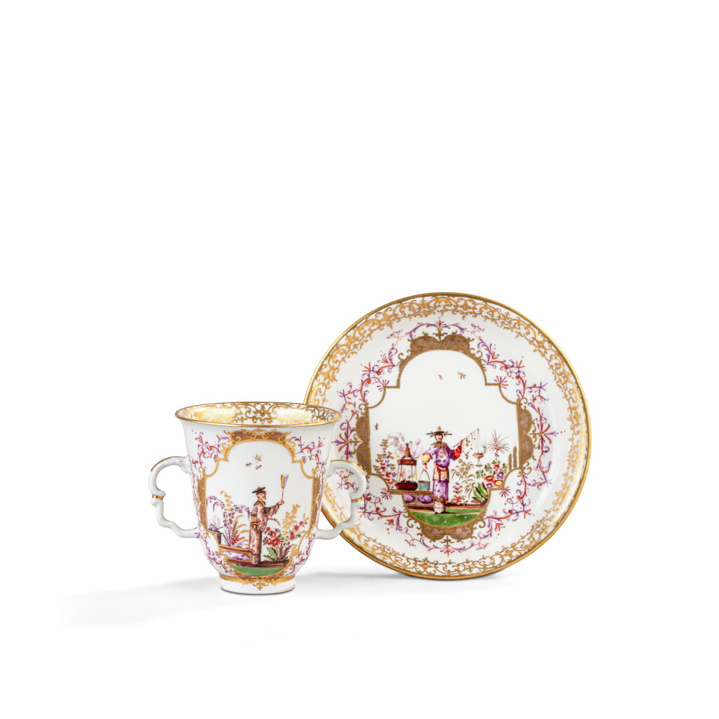 View full screen - View 1 of Lot 354. A Meissen porcelain chinoiserie two-handled beaker and stand, circa 1725-28.