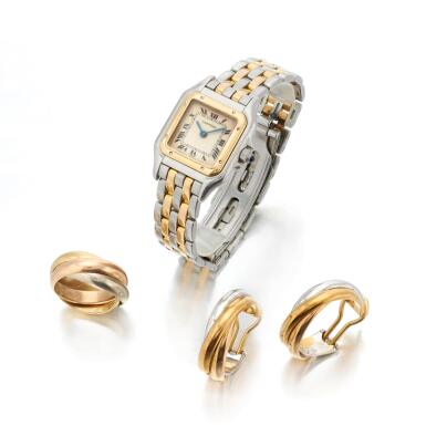 View full screen - View 1 of Lot 119. Gold demi-parure 'Trinity' (earrings and ring) and a wristwatch, Panthère, Ref. 6692 (Demi -parure 'Trinity', orecchini e anello, e un orologio da polso, Panthère, Ref. 6692).