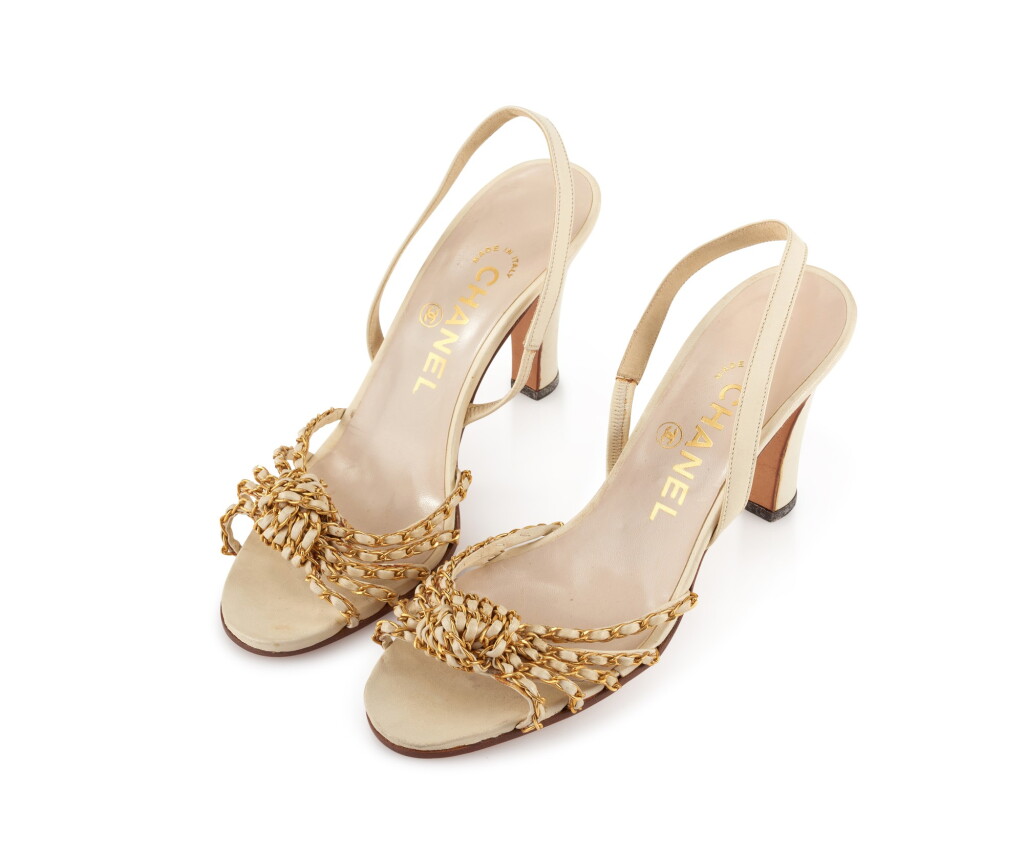 View full screen - View 1 of Lot 140. CHANEL | PAIR OF LEATHER AND CHAIN SLINGBACK SANDALS .