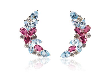 View full screen - View 1 of Lot 74. Pair of pink tourmaline, topaz and diamond ear clips, Michele della Valle.