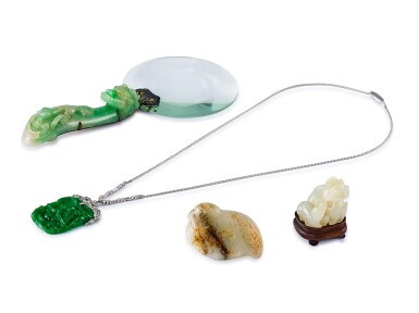 View full screen - View 1 of Lot 2112. A group of four white jade and jadeite carvings Qing dynasty | 清 白玉銜芝瑞鹿及歲歲平安把件、翡翠龍紋珮及帶鉤一組四件.