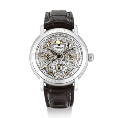 View full screen - View 1 of Lot 2166. AUDEMARS PIGUET | JULES AUDEMARS EQUATION OF TIME NEW YORK, REFERENCE 25963PT A PLATINUM SKELETONISED PERPETUAL CALENDAR WRISTWATCH WITH EQUATION OF TIME, MOON PHASES, LEAP YEAR AND SUNRISE AND SUNSET INDICATION, CIRCA 2015 " | 愛彼 | Jules Audemars Equation of Time New York 型號25963PT 鉑金鏤空萬年曆腕錶,備時間等式、月相、閏年及日落日出顯示,機芯編號571726,錶殼編號E86592,約2015年製".