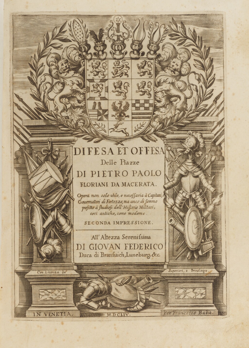 View full screen - View 1 of Lot 108. Floriani, Difesa et offesa delle piazze, Venice, 1654, carta rustica.