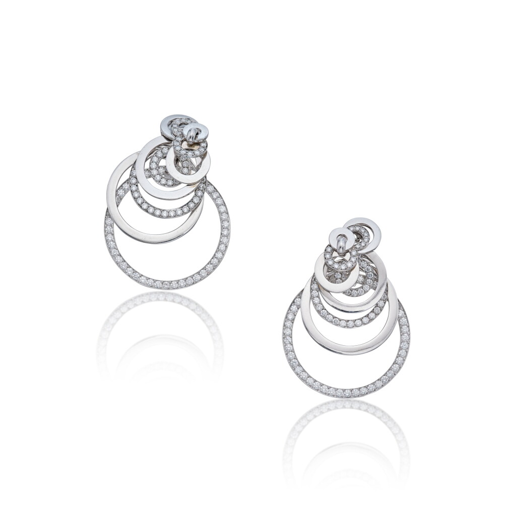 View full screen - View 1 of Lot 130. Pair of White Gold and Diamond Pendant-Earclips.