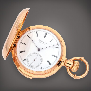 View full screen - View 1 of Lot 346. A pink gold hunting cased minute repeating watch with lever escapement | Circa 1883.