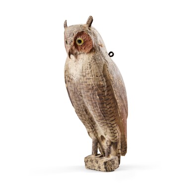 View full screen - View 1 of Lot 44. Carved and Painted Wooden Great Horned Owl Decoy, Herters Manufacturing Inc., Waseca, Minnesota, Circa 1940.