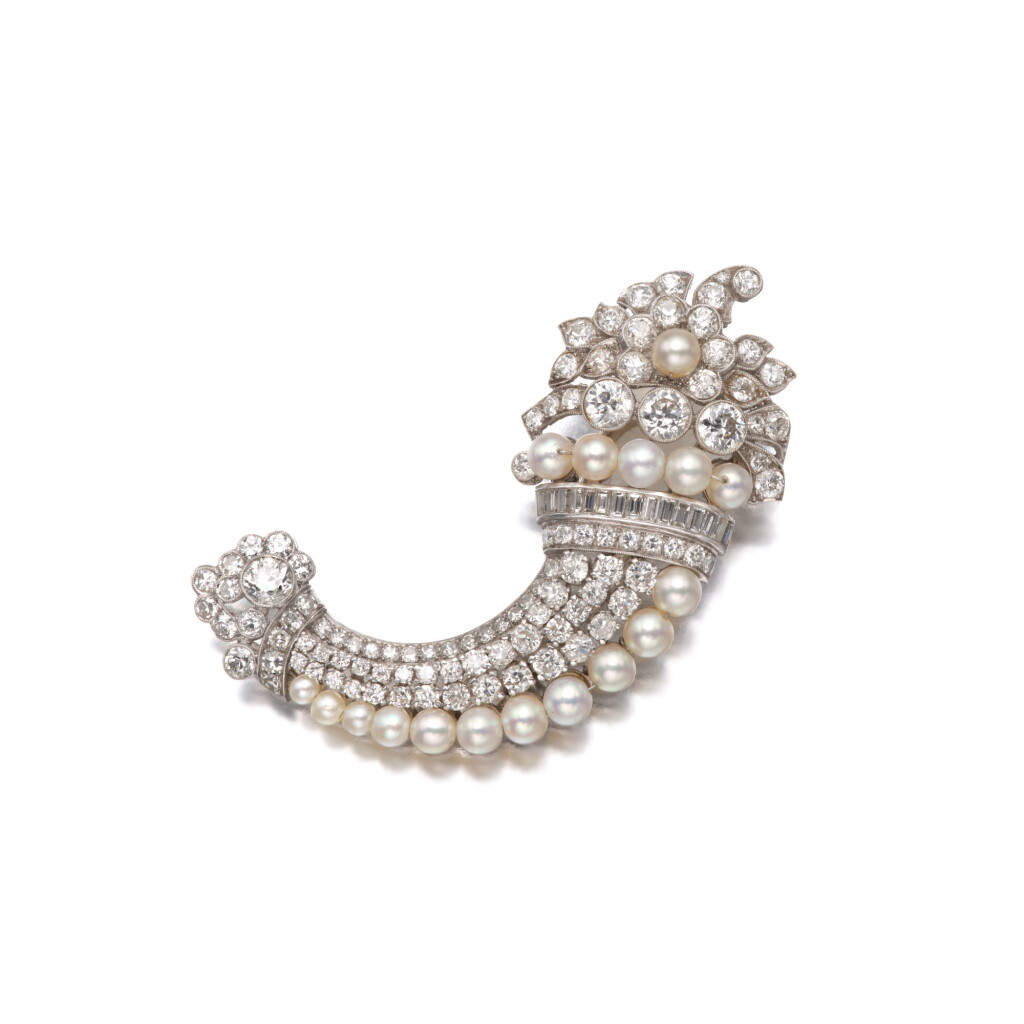View full screen - View 1 of Lot 551. Cultured Pearl and Diamond Brooch.