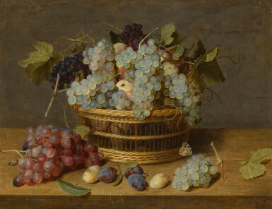 View full screen - View 1 of Lot 18. Still life with grapes, apricots and plums in and around a basket, with a butterfly, all on a wooden ledge.