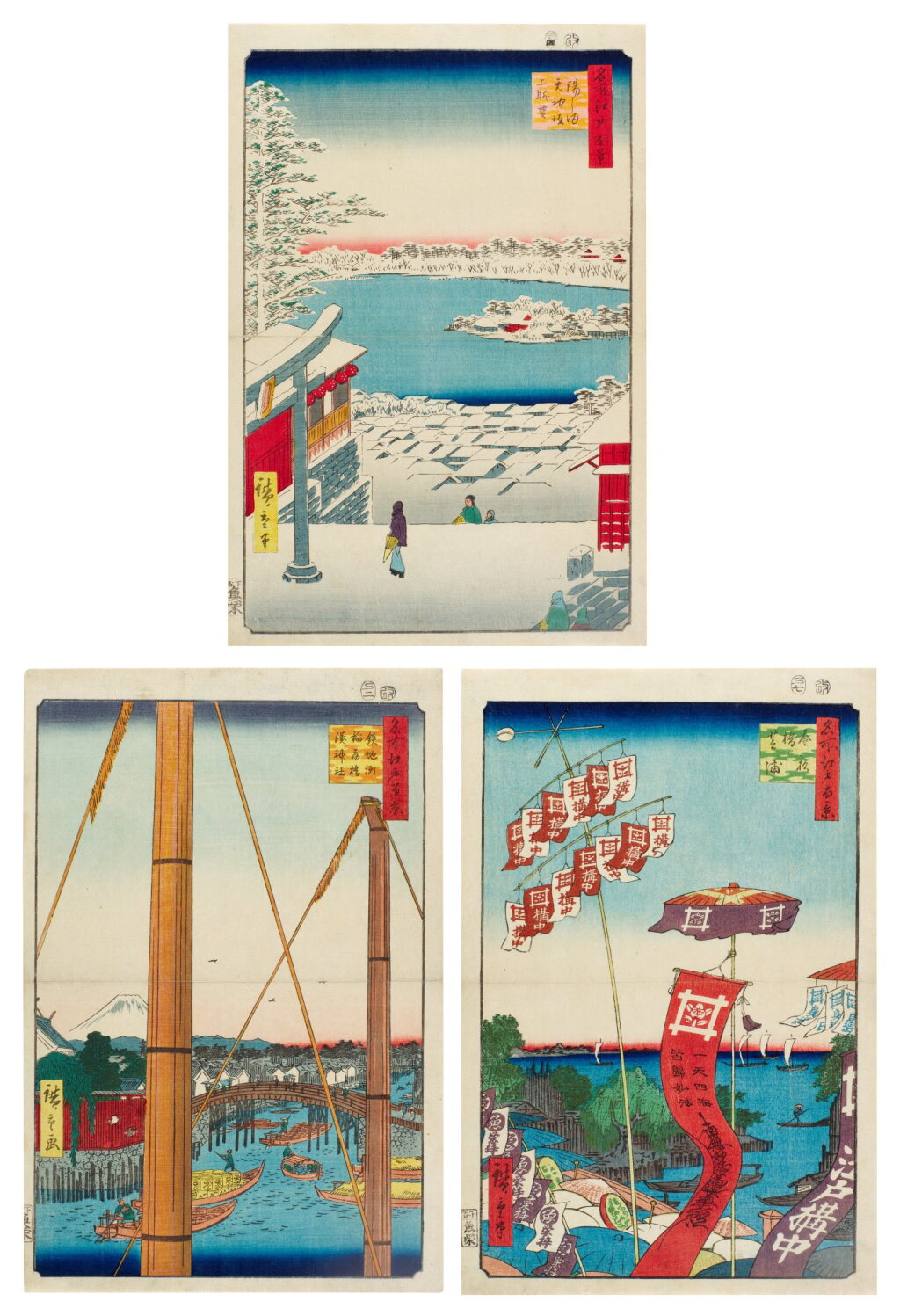 View full screen - View 1 of Lot 46. Utagawa Hiroshige (1797-1858) | Three woodblock prints from the series One Hundred Famous Views of Edo (Meisho Edo hyakkei) | Edo period, 19th century .